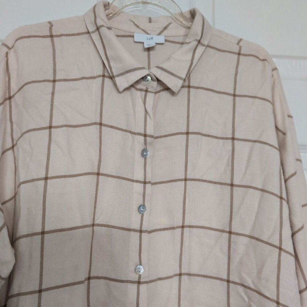 J Jill Windowpane Check Shirt Womens Petite Size Large Beige Check Button Front - Picture 2 of 9